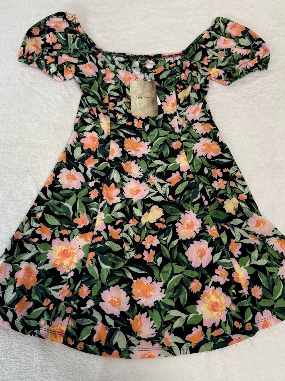 NWT Lily Rose Womens Small Floral Fit Flare Mini Dress Black Pink Cottagecore